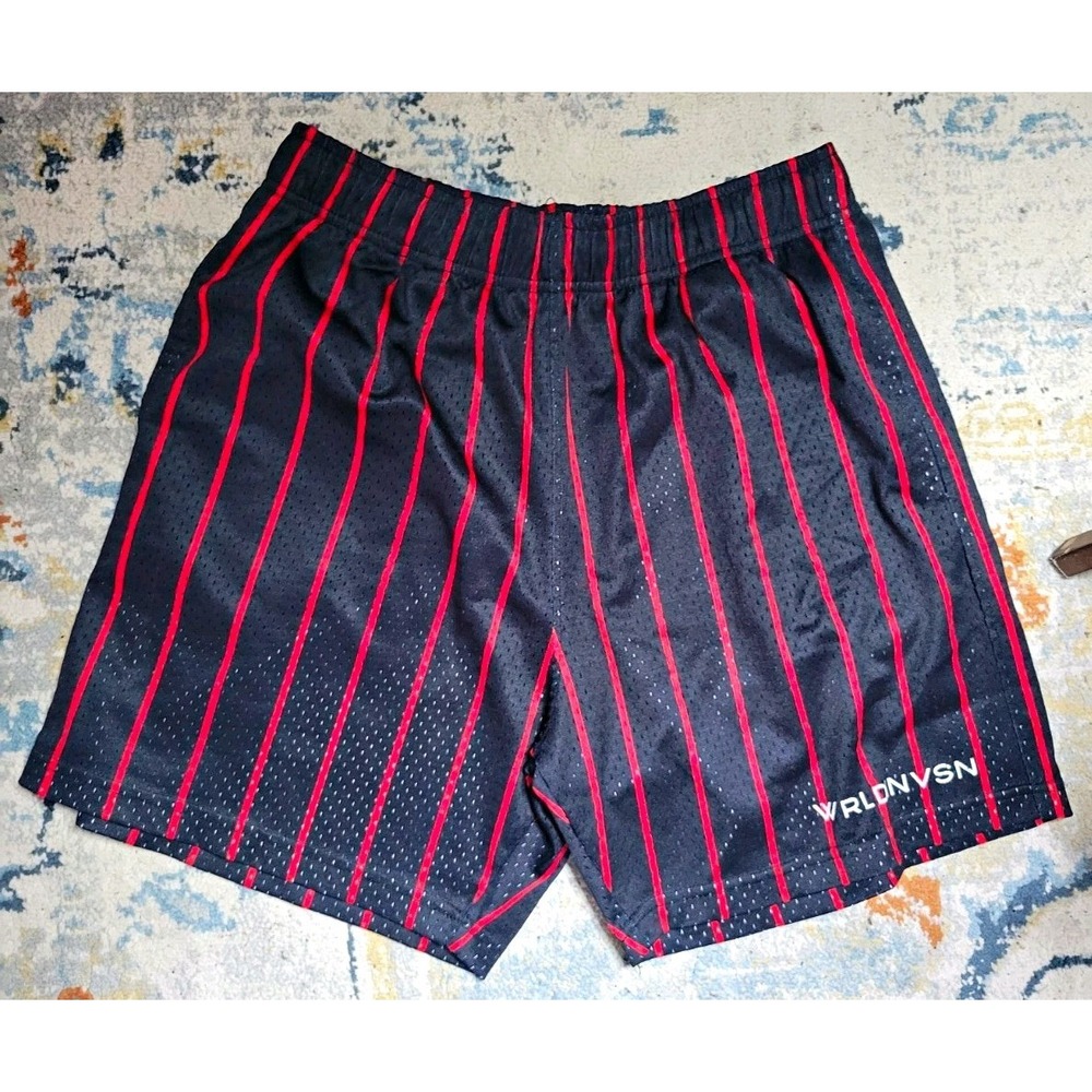 WRLDINVSN Men's XL Black/Red Striped Mesh Athletic Shorts Elastic Drawstring